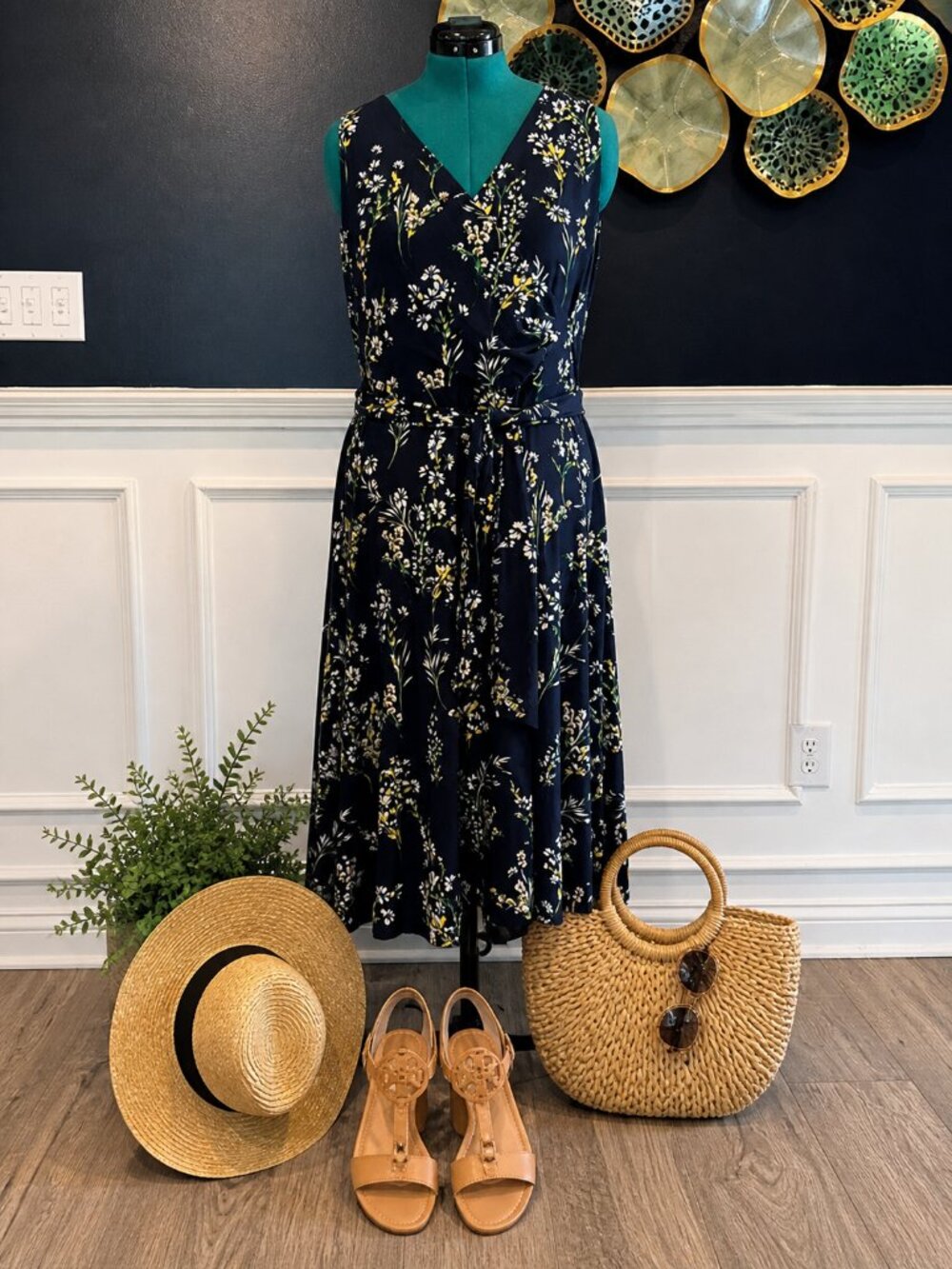 Ralph Lauren Navy Floral Wrap Maxi Dress SZ 16 Flowy Summer Garden Party